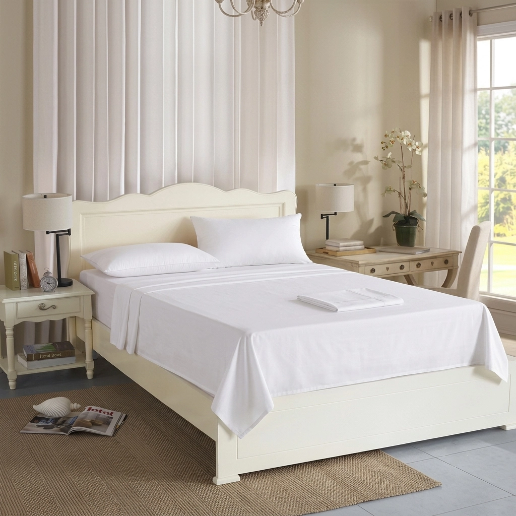 Hotel bed made up with white linen for a continental-size mattress