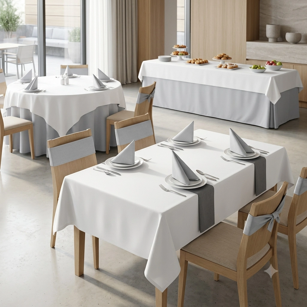 Square tablecloth arranged on a hospitality dining table